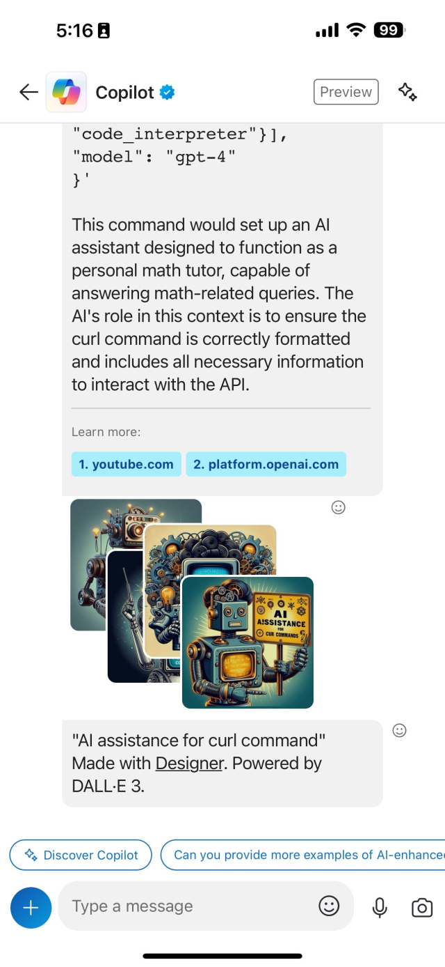 A screenshot showing a messaging interface with a reply to the question “Is AI helpful for `curl`? “. Below the reply are stylized illustrations of robotic figures and a caption mentioning AI assistance for curl commands and DALL·E 3.