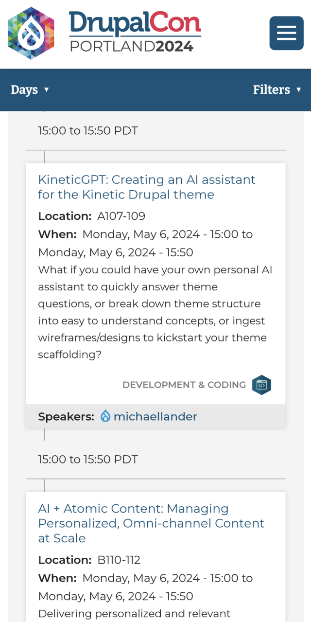 Screenshot of the drupalcon website, showing multiple sessions happening at the same time about AI.