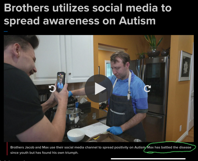 A screen shot of two people in a video about autism awareness from a news site, erroneously describes autism as a disease in the video caption.