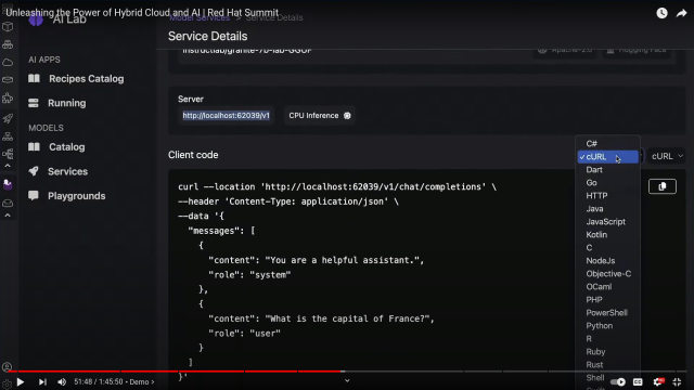 Screenshot of a demo at the Red Hat Summit showing curl as the first command.