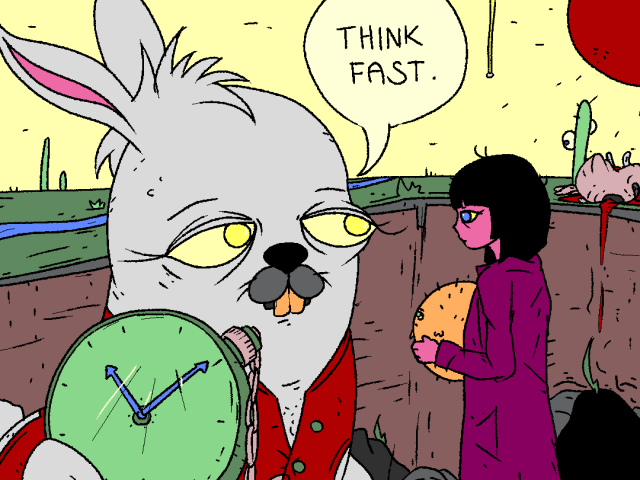 Large white rabbit, holding a green pocket watch that shows just about 9 o'clock and Girl, holding Puffy, stand in an empty pool.

rabbit: "Think fast."