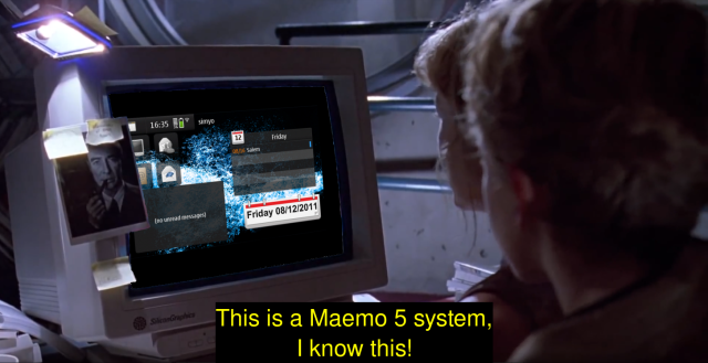 shot from Jurassic Park where Lex is sitting in front of the computer but it's not a unix system, it's a Maemo 5 system