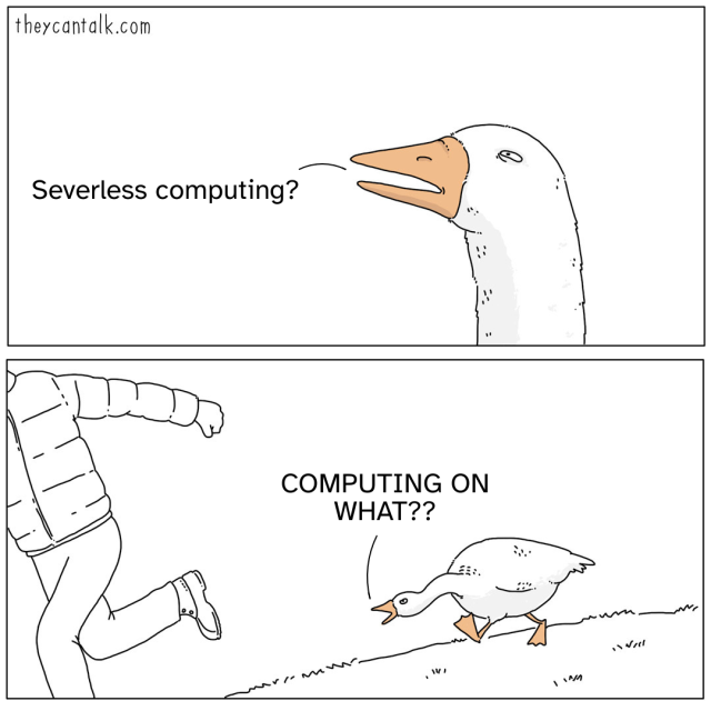 A two panel comic featuring a goose. In the first panel, the goose has its eyes narrowed with suspicion and is saying "Severless computing?". In the second panel, the goose is chasing someone down a hill, shouting "COMPUTING ON WHAT??".