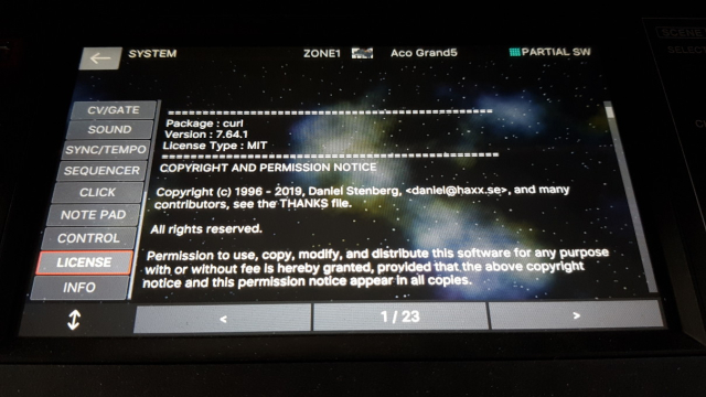A photo from the license section of the menu on the Roland Fantom 6 Workstation Synthesizer showing the license info for curl.