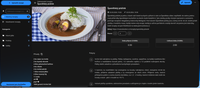 Na obrázku je screenshot z kuchařky v Nextcloudu, s receptem na Španělské ptáčky.