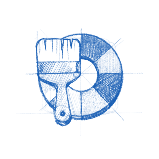 Aurea app icon sketch depicting a large paint brush and a color wheel.