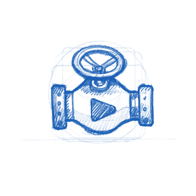 Dew Duct app icon sketch depicting a pipe valve with a large play buddon.