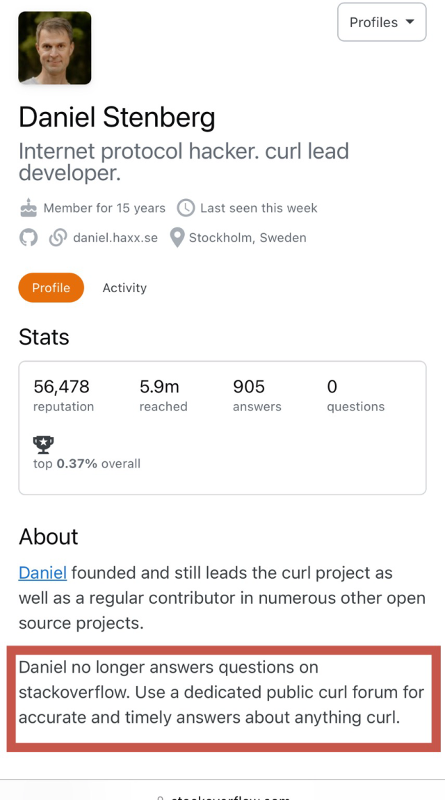 Screenshot with @badger@mastodon.social stack overflow profile update.