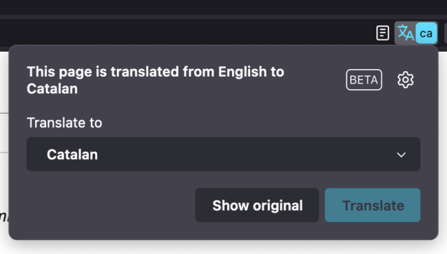 Screenshot of the translation modal in Firefox showing that the page is translated from English to Catalan.