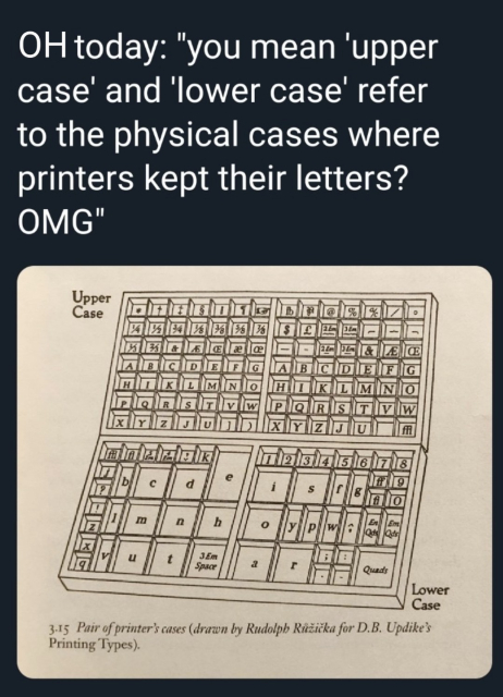 Typography meme
text: OH today: "you mean 'upper case' and 'lower case' refer to the physical cases where printers kept their letters? OMG" 

picture: traditional type writing box with individual physical upper letters, above the lower case letters 
- drawn by Rudolph Riizicka
