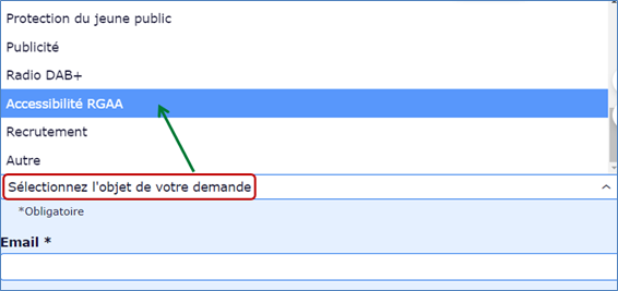 Capture du formulaire de contact. Choisir Accessibilité RGAA dans le menu déroulant.