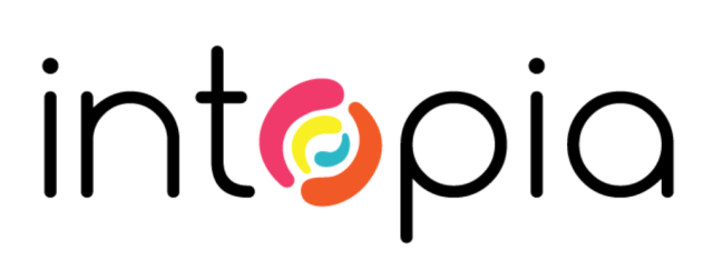 Intopia logo.  Text in lowercase, black, sans-serif font.  The "o" is made of four different coloured (pink, yellow, turquoise and orange) crescents.