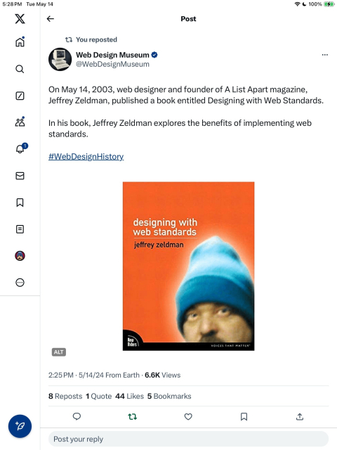 ALT: On May 14, 2003, web designer and founder of A List Apart magazine, Jeffrey Zeldman, published a book entitled Designing with Web Standards. In his book, Jeffrey Zeldman explores the benefits of implementing web standards.
#WebDesignHistory.
