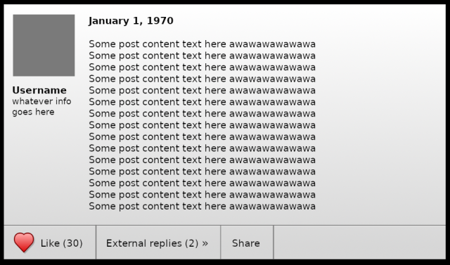 a fake forum post with placeholder information. it looks pretty much as you'd expect. on the left is some user information, at the top is the date of posting, and in the middle is the text of the post. at the bottom there is a panel with 3 buttons: Like (30) (with a heart icon), External replies (2), and Share
