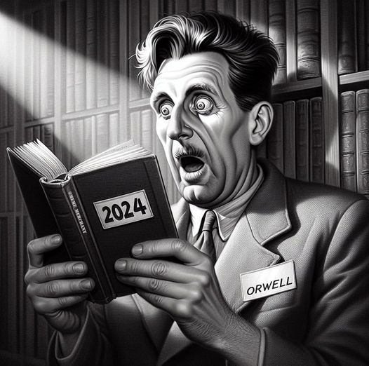 Cartoon-Zeichnung. Orwell liest in einem Buch. Titel: "2024". Sein Gesicht ist verzerrt vor Entsetzen, der Kiefer heruntergeklappt, die Augen weit aufgerissen.