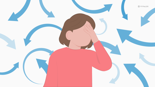 Image of a person with their hand on their forehead shows confusion. The Background shows many arrows in shades of blue to depict too many thoughts and confusion.