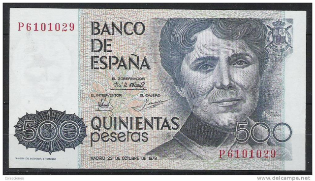 A Spanish bank note which includes a drawing of María Rosalía Rita de Castro.