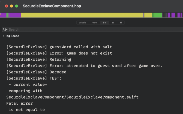 Screenshot of a “SecurdleExclaveComponent” disassembly showing a list of strings including “guessWord called with salt”, “error: game does not exist”, and “error: attempted to guess word after game over”