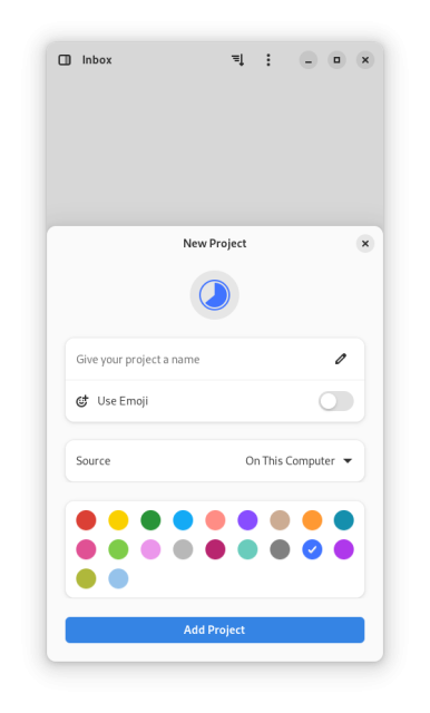 A screenshot of the Planify app. The window is narrow, it could fit on a phone.

There's a sheet coming from the bottom with the title "New Project", a text field to enter the project name, a toggle for whether to use an emoji or not, a dropdown for the source with "On this computer" selected, a colour palette, and a button with the label "Add Project".