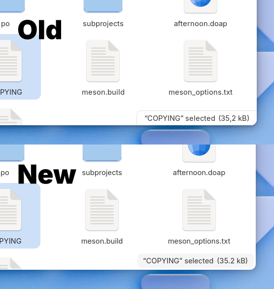 A collage of two screenshots of the bottom right part of the file manager window. The "before" screenshot shows the details bar touching the border of the window. The "after" screenshot shows the details bar floating.

The details bar contains the name and size of the file selected.