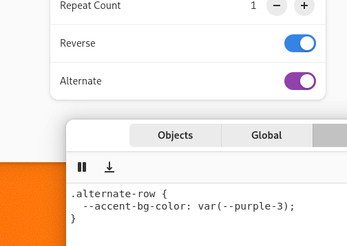 A screenshot of a portion of an app. It shows two toggles. One of them has the classic libadwaita blue. The other one has a purple.

In the foreground there's the GTK inspector, with the CSS panel open. It shows a CSS variable with the name @purple_3