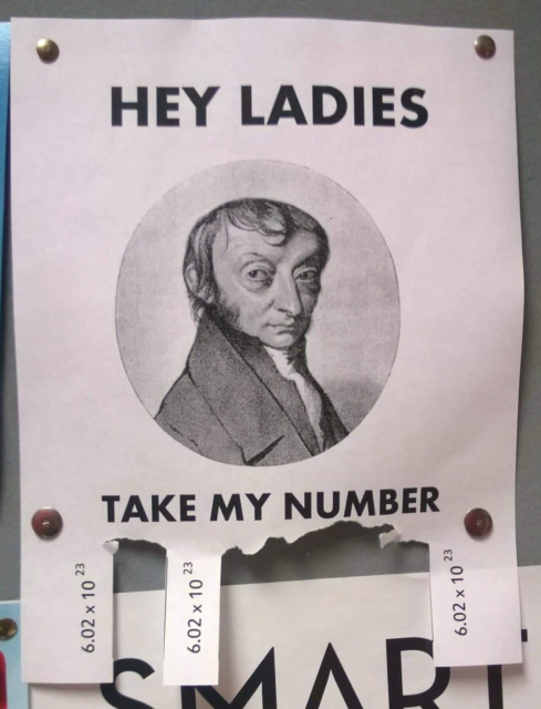 (Picture of Avogadro, the handsome dude, on a page with tear off numbers)  TAKE MY NUMBER  (The numbers) 6.02 × 10^^23
