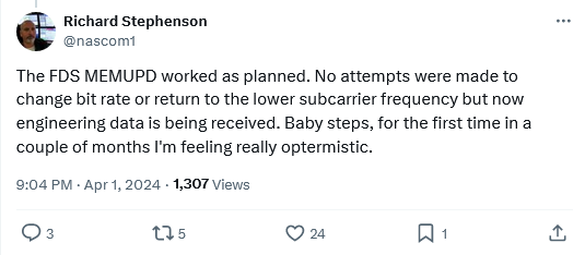 Image of tweet by Richard Stevenson -
"The FDS MEMUPD worked as planned. No attempts were made to change bit rate or return to the lower subcarrier frequency but now engineering data is being received. Baby steps, for the first time in a couple of months I'm feeling really optermistic."