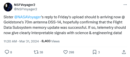 Image of tweet from NASA Voyager site