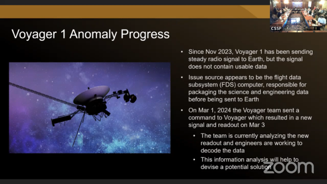 Image of slide on Voyager 1 status update at the meeting.
Source: https://vimeo.com/event/4088825