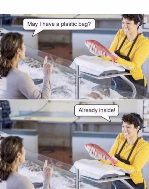 Photo of a woman in a seafood market purchasing a whole fresh fish. She asks the attendant, "May I have a plastic bag?" Below that, the same photo is repeated, with the attendant replying to the woman, "Already inside!"