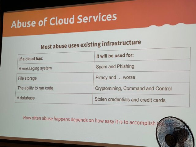 A chart showing that different services in infrastructure and the types of abuse it will be susceptible to. 