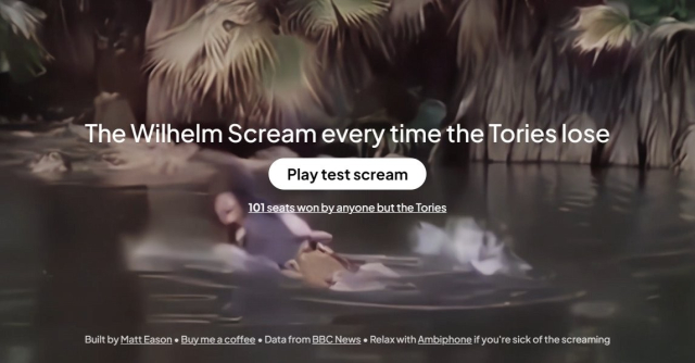 Website titled 'The wilhelm scream every time the Tories lose' with a 'Play test scream' button and a cowboy falling into a river in the background