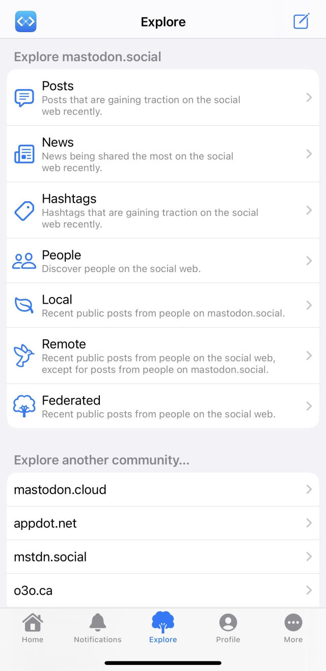 Screenshot of the Explore tab in Mona. You can explore trending posts and news, people suggestions, and local/remote/federated timelines on supported Mastodon servers.
