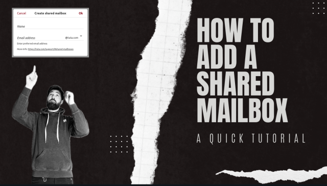 A Tuta team member pointing up at a shared mailbox configuration window.