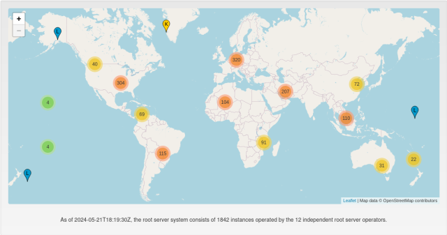 A map of the world showing clusters of root name servers around the world. 