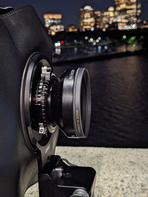 A large format Nikon lens mounted to a Cambo front standard.