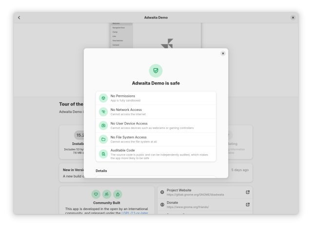 A screenshot of GNOME Software. It shows a pop up in the middle with the title "Adwaita Demo is safe". There's a list of permissions the app has not requested. Those permissions are "No permissions", "No Network Access", "No User Device Access", "No File System Access", "Auditable Code".