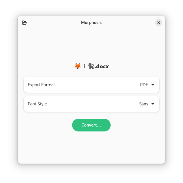 A screenshot of the app "Morphosis". A label shows that the file is managing a docx document. There are two dropdowns. The first allows to select the Export Format and is set to "PDF". The second allows to select the Font Style and is set to "Sans". There is a green "Convert..." button at the bottom.