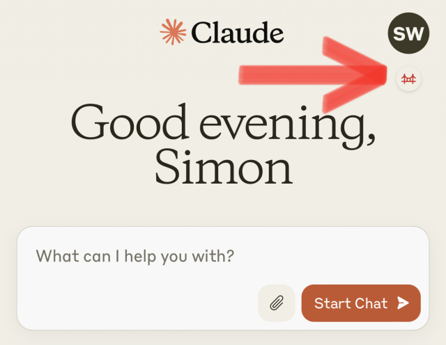 Screenshot of the Claude homepage, an arrow points to a small stylized Golden Gate Bridge icon