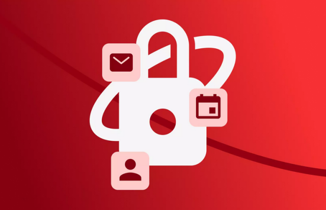 A quantum lock surrounded by an email, calendar, and contact icon.