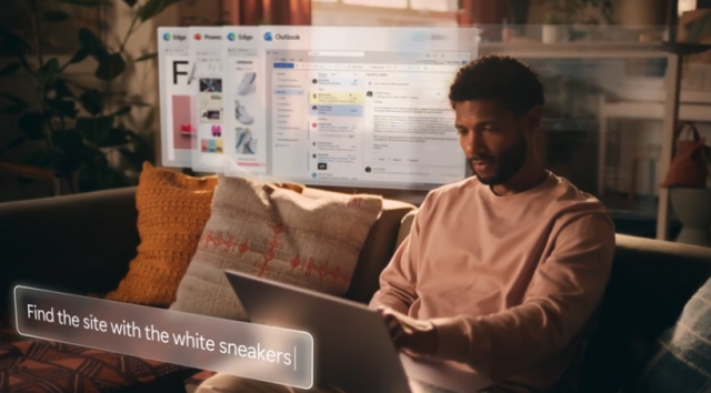A screenshot from Microsoft's promo video of Recall showing a man in his home asking Recall to locate the website where he saw a white pair of sneakers. Source: https://www.microsoft.com/en-us/windows/copilot-plus-pcs#experiences