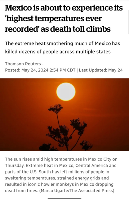 screenshot of a news article whose title reads: Mexico is about to experience its 'highest temperatures ever recorded' as death toll climbs