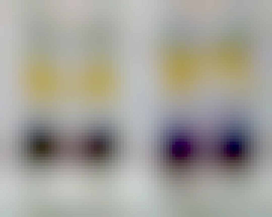 Two pairs of yellow, white, purple, and black Native beaded earrings on a marble background. The one on the left is labeled "May 2023 and the one on the right is labeled "May 2024"