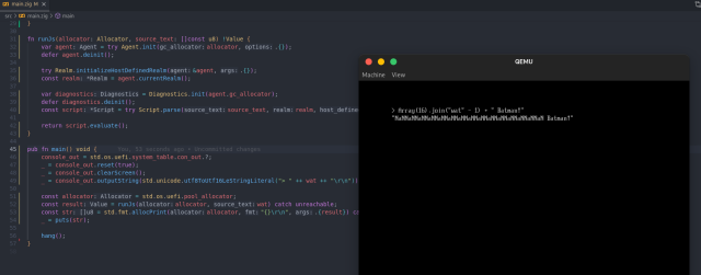 Screenshot of a main function written in Zig containing a bit of Kiesel boilerplate and UEFI output code. Next to it is a QEMU window displaying the famous "wat" demo.