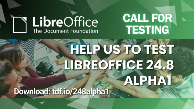 LibreOffice banner with people in the background, and "Help us to test" text