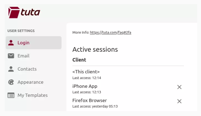 Picture of a Tuta Mail user's active sessions. 