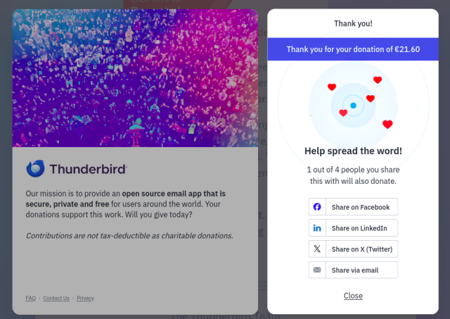 The "Thank you!" page one sees after making a donation to the Thunderbird project. On this page there are buttons to share the message on Facebook, LinkedIn, X, and via Email. No fediverse share button!