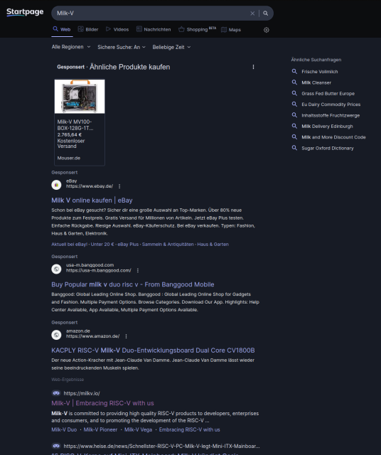 Screenshot of Startpage.com search. I looked for Milk-V (which is a product), but instead of web results 90% of the initial website view is filled with "sponsored" entries.