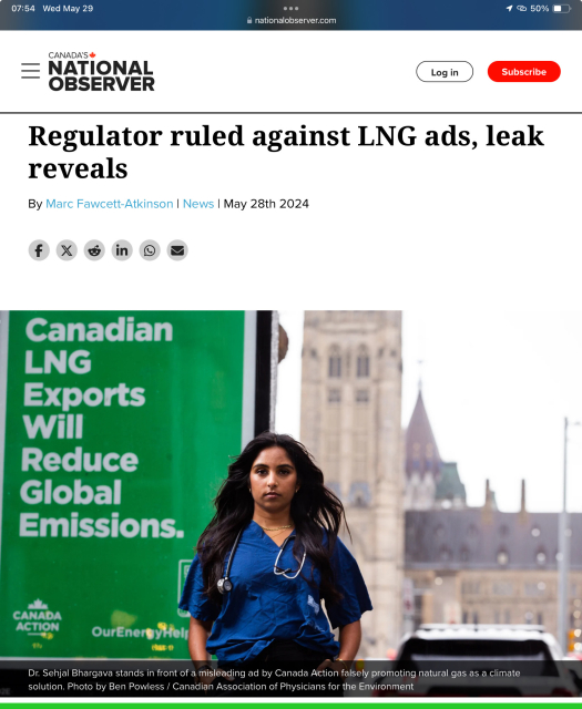 A screenshot from the article shows a women, a doctor, who helped launch the official complaint standing next to a bus shelter with the misleading ad. In the background is Parliament Hill