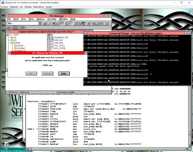 Dr. Watson for Windows NT 3.51 showing a crash of CURL.exe, accompanied by NOTEPAD showing the crash dump and the command prompt showing the command that was used:

> curl.exe http://httpbin.org/get